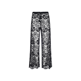Geraldine Cover-Up Pant: Black lace wide-leg pants showcasing an intricate paisley crochet pattern and scalloped hems, perfect for resort wear, displayed against a plain white background.