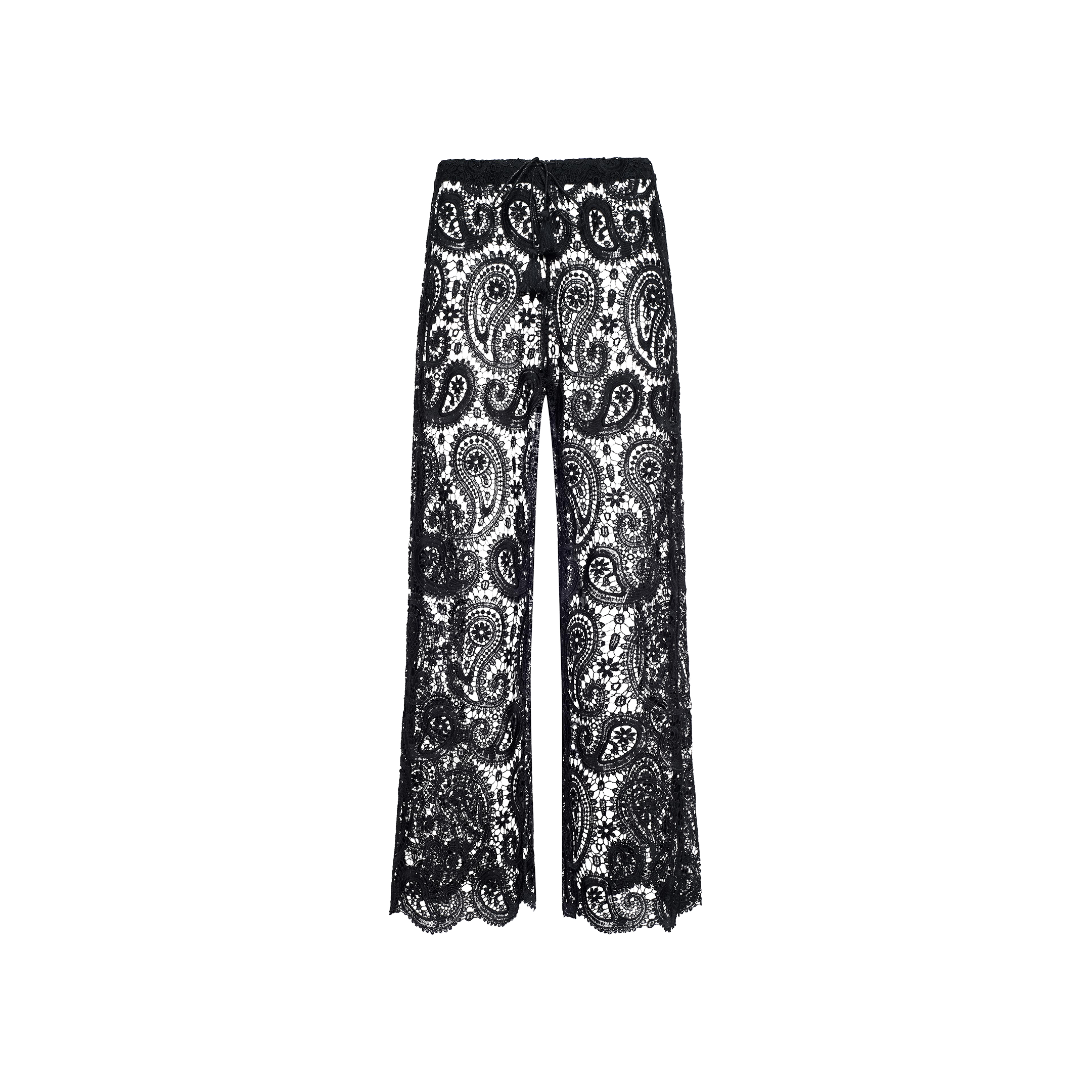 Geraldine Cover-Up Pant featuring a black wide-leg bohemian style with a paisley crochet pattern, sheer sections, and scalloped hems, displayed on a plain white background.
