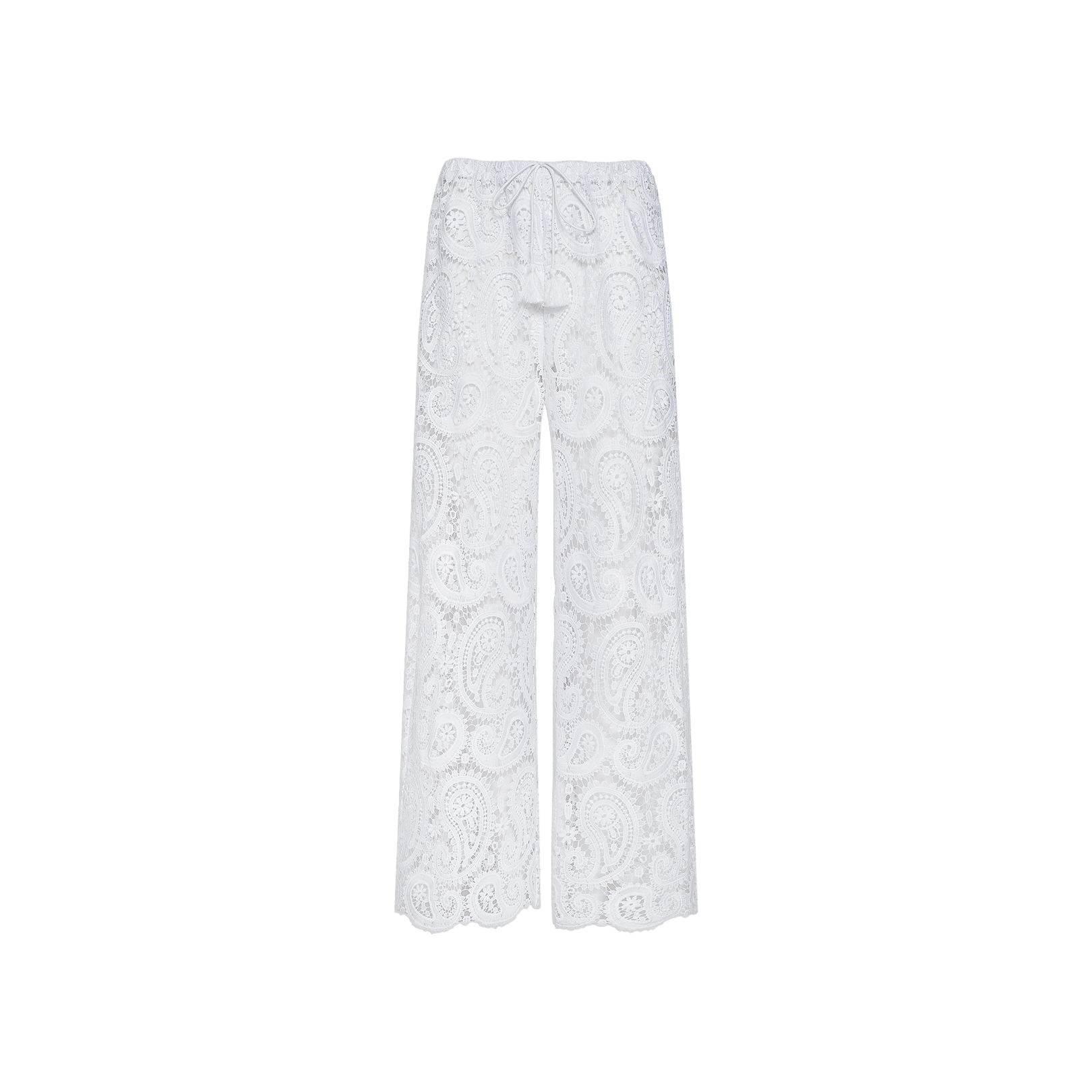 The Geraldine Cover-Up Pant features a white, wide-leg silhouette with an all-over paisley crochet lace pattern and a drawstring waist, displayed against a plain white background—an ideal choice for effortless resort wear.