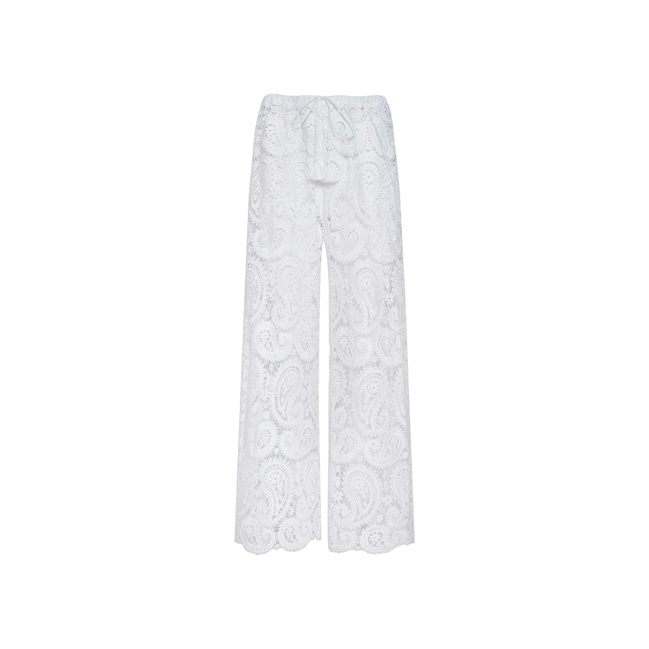 The Geraldine Cover-Up Pant features a white, wide-leg silhouette with an all-over paisley crochet lace pattern and a drawstring waist, displayed against a plain white background—an ideal choice for effortless resort wear.
