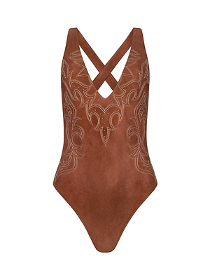 The Lisa Plunge One-Piece Swimsuit by L'AGENCE Sale features brown suede, Western-inspired embroidery, gold studs, crisscross back straps, and intricate front stitching for a standout look.