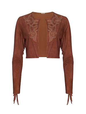 The Adeline Cardigan Cover-Up by L'AGENCE Sale is a brown, long-sleeve cropped jacket with chest embroidery and fringe cuffs, suede-look finish, shown on a white background.