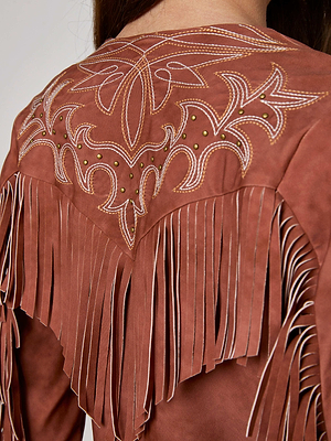 Close-up of the Adeline Cardigan Cover-Up by L'AGENCE Sale, featuring brown suede-look fabric, white and gold embroidery, green studs, and long fringe on the upper back and sleeves for a chic Western vibe.