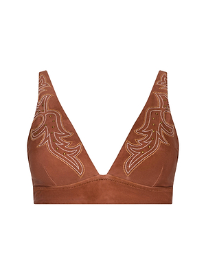 The Lexie Bikini Top by L'AGENCE Sale is a brown bralette with a deep V-neckline, decorative stitching, and Western-inspired leaf embroidery on both sides of the chest.