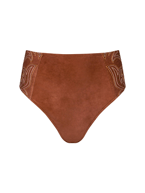 The Vanessa High-Waisted Bikini Bottom by L'AGENCE Sale features a brown suede-look finish and decorative side stitching, shown against a white background.