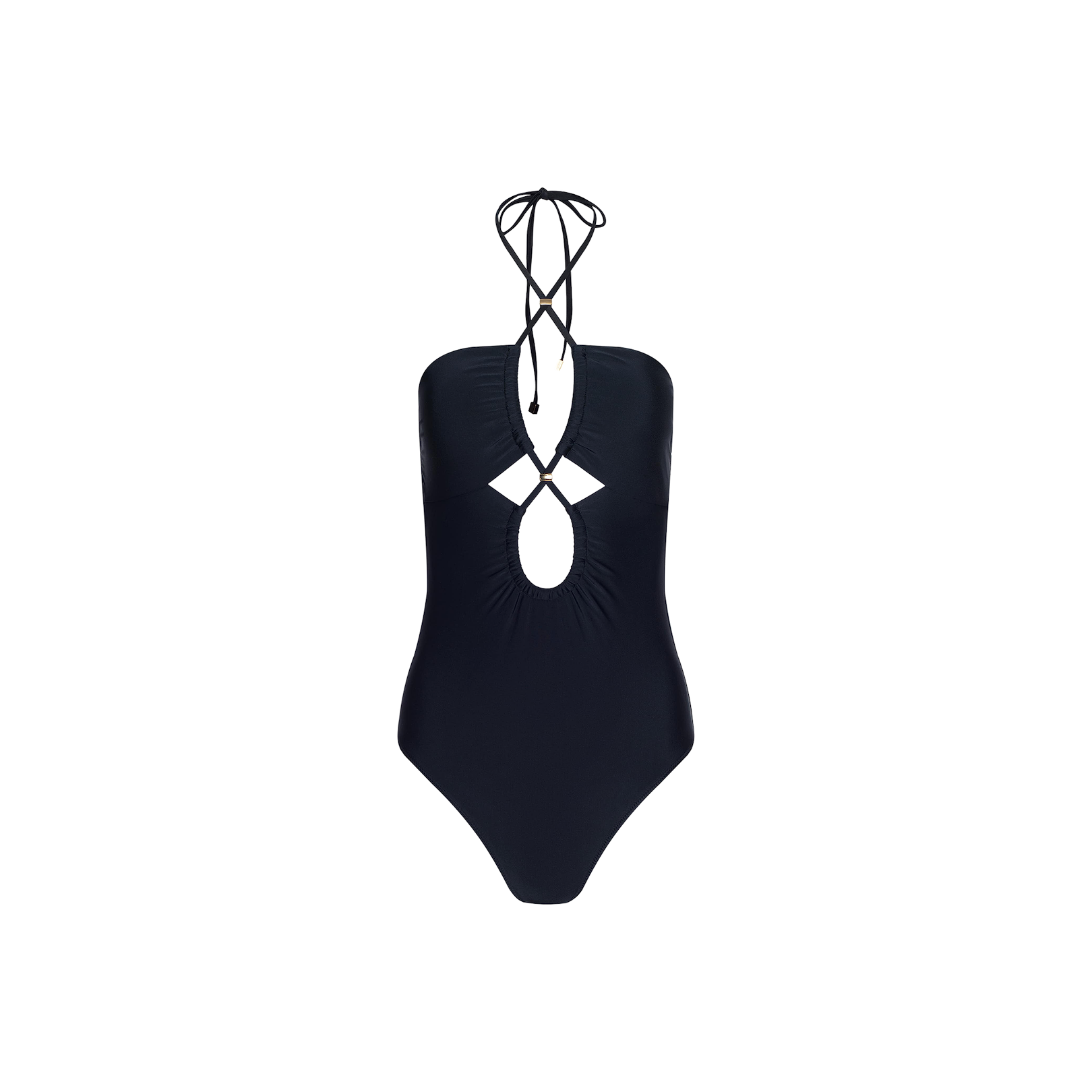 The Shiva One-Piece Swimsuit is a black one-piece with a halter neck tie and a bold front-center keyhole cutout. This fitted swimsuit features a minimalist design, shown against a plain white background.