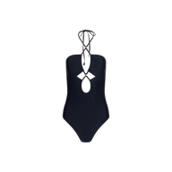 The Shiva One-Piece Swimsuit features a halter neck tie, adjustable straps, a keyhole cutout at the chest, and ruched detailing. With its fitted silhouette and minimalist design, this black one-piece swimsuit is displayed on a plain white background.