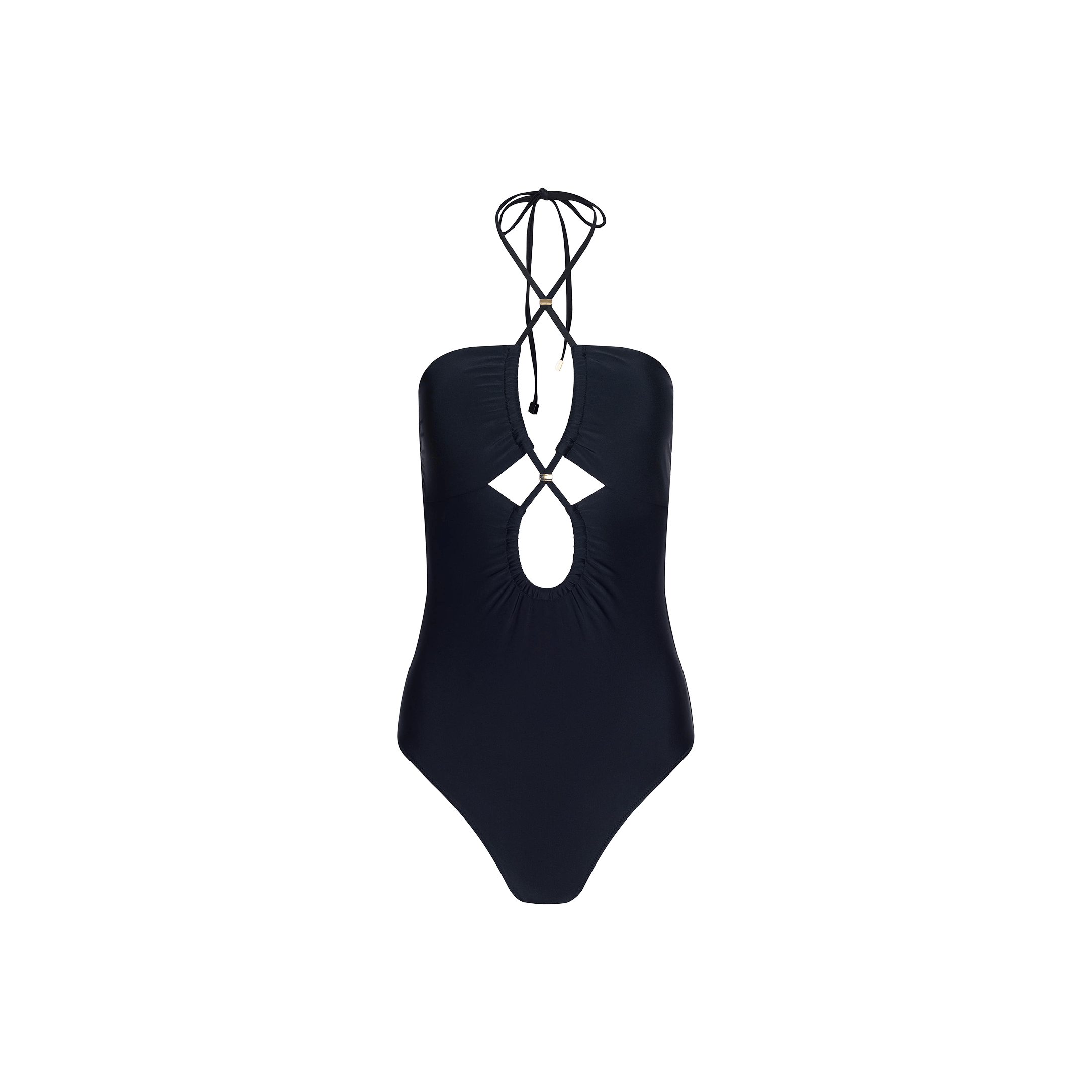 The Shiva One-Piece Swimsuit features a halter neck tie, adjustable straps, a keyhole cutout at the chest, and ruched detailing. With its fitted silhouette and minimalist design, this black one-piece swimsuit is displayed on a plain white background.