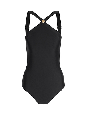 The Gabrielle One-Piece Swimsuit is a minimalist black swimsuit with wide straps crossing at the back and a gold button detail at the chest, shown against a white background.