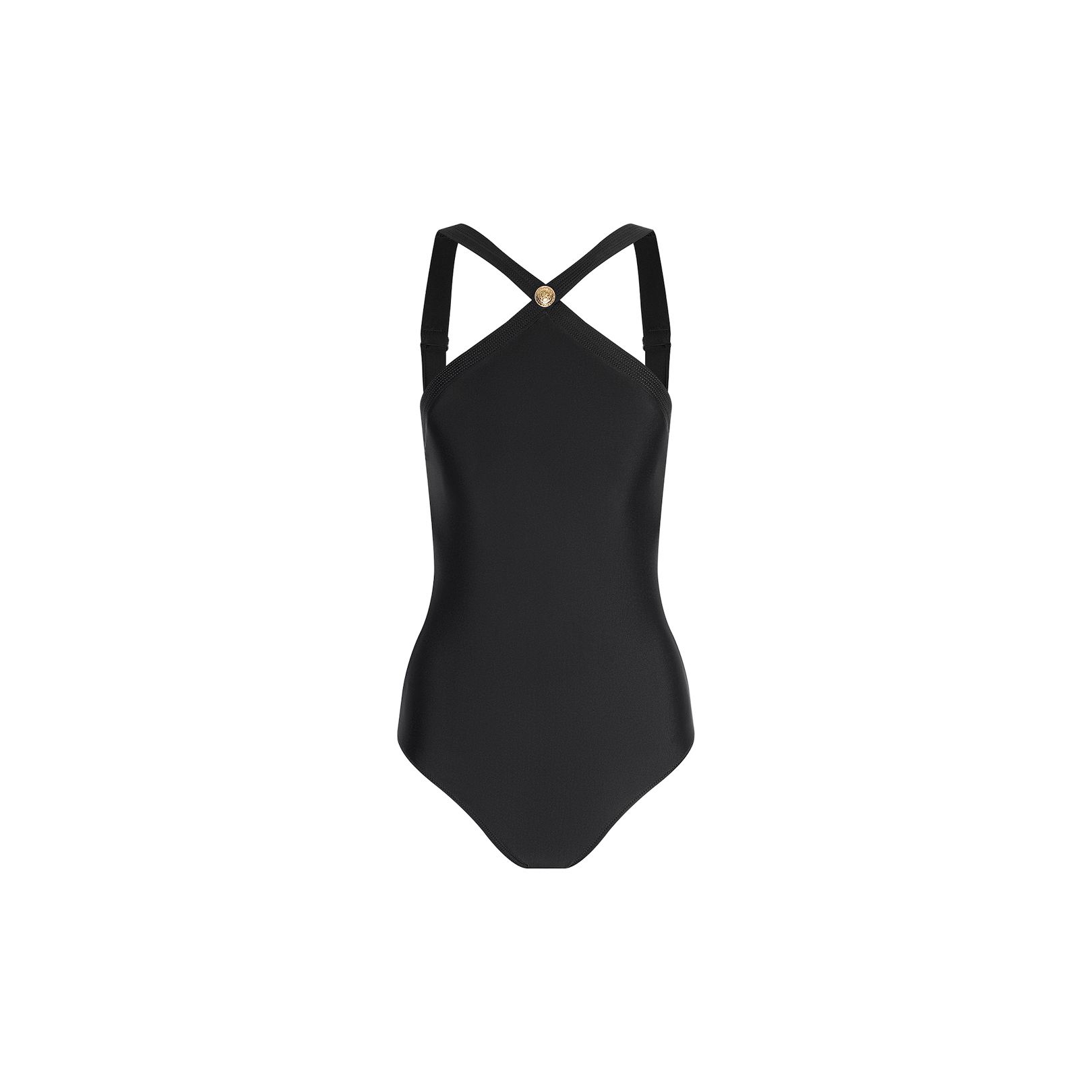The Gabrielle One-Piece Swimsuit features a sleek black design with crossed shoulder straps and a small gold circular accent at the center of the back, showcased on a plain white background. This minimalist swimsuit blends classic style with contemporary details for an elegant, refined look.