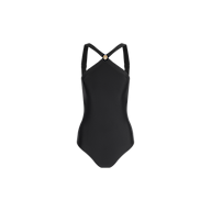 The Gabrielle One-Piece Swimsuit features a sleek black design with crossed shoulder straps and a small gold circular accent at the center of the back, showcased on a plain white background. This minimalist swimsuit blends classic style with contemporary details for an elegant, refined look.