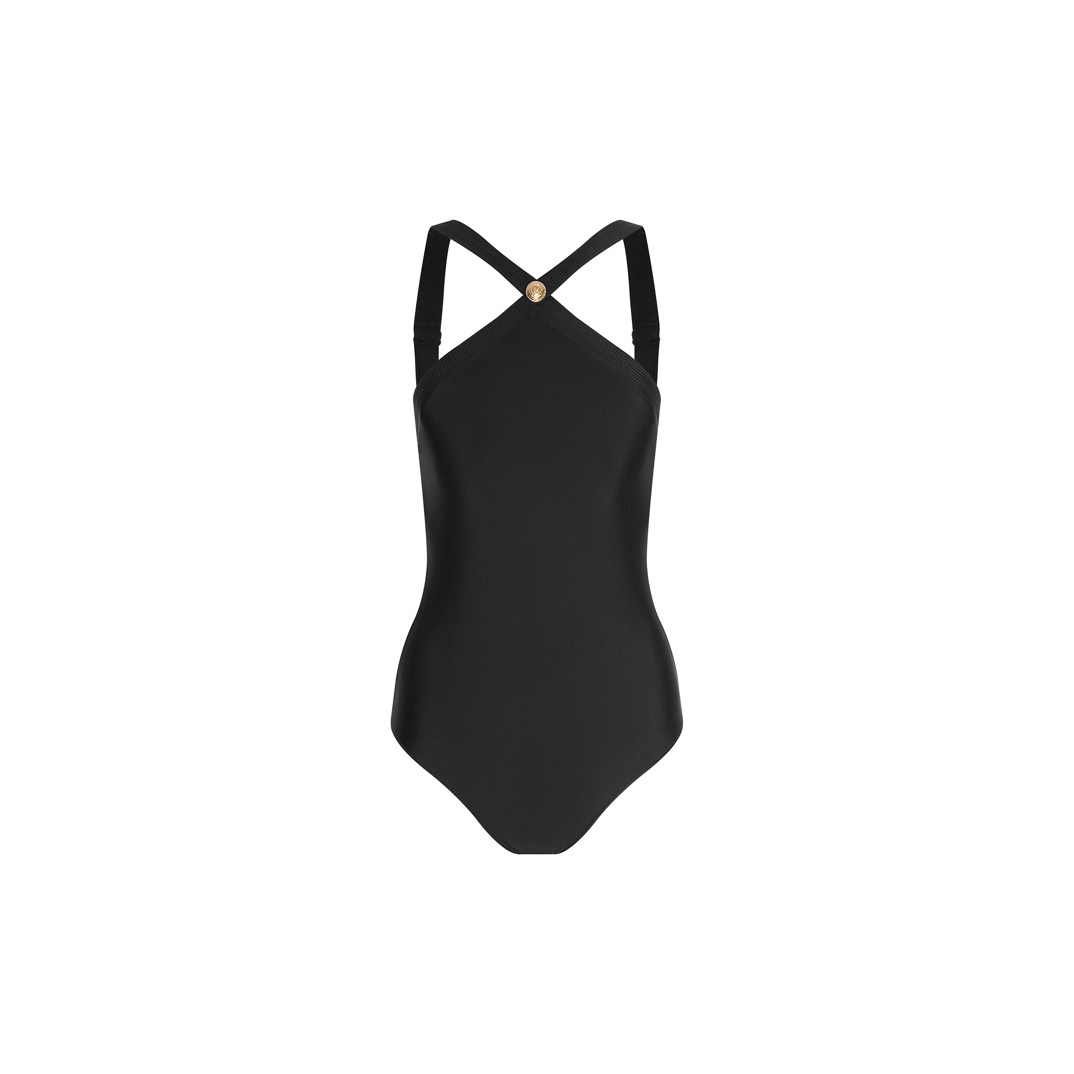 The Gabrielle One-Piece Swimsuit features a sleek black design with crossed shoulder straps and a small gold circular accent at the center of the back, showcased on a plain white background. This minimalist swimsuit blends classic style with contemporary details for an elegant, refined look.