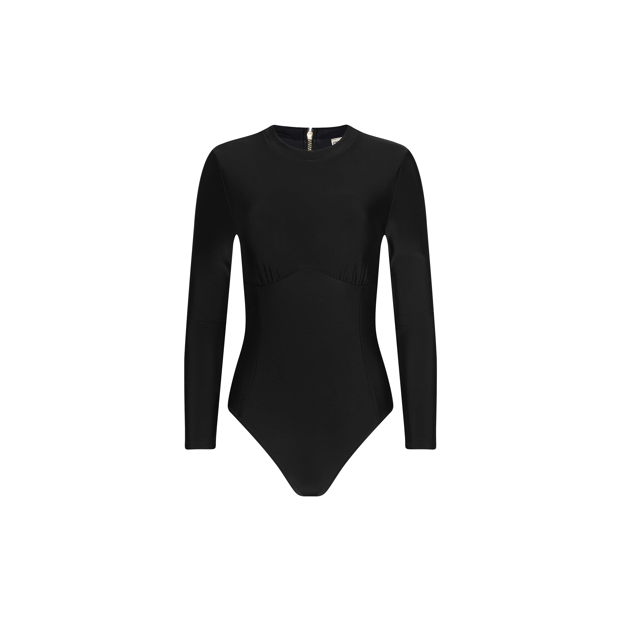 The Lambert Paddlesuit is a black, long-sleeve bodysuit featuring a crew neck and seam detail under the bust, made from four-way stretch nylon for a sculpted silhouette, and shown against a plain white background.