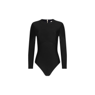 The Lambert Paddlesuit is a black, long-sleeve bodysuit featuring a crew neck and seam detail under the bust, made from four-way stretch nylon for a sculpted silhouette, and shown against a plain white background.
