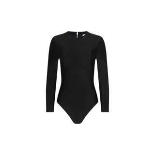 The Lambert Paddlesuit is a black long-sleeve paddlesuit featuring a high neckline and a visible back zipper, crafted from four-way stretch nylon for a sculpted silhouette, and displayed against a plain white background.