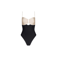 The Emilia Bandeau One-Piece Swimsuit features a beige, ruched top with thin straps, paired with a contrasting black high-waisted bottom in a color-blocked design, shown against a plain white background.