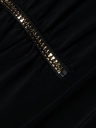 Close-up of the Dorrie Plunge One-Piece Swimsuit, featuring sleek black fabric with gathered stitching and a gold metallic zipper running diagonally across the design.