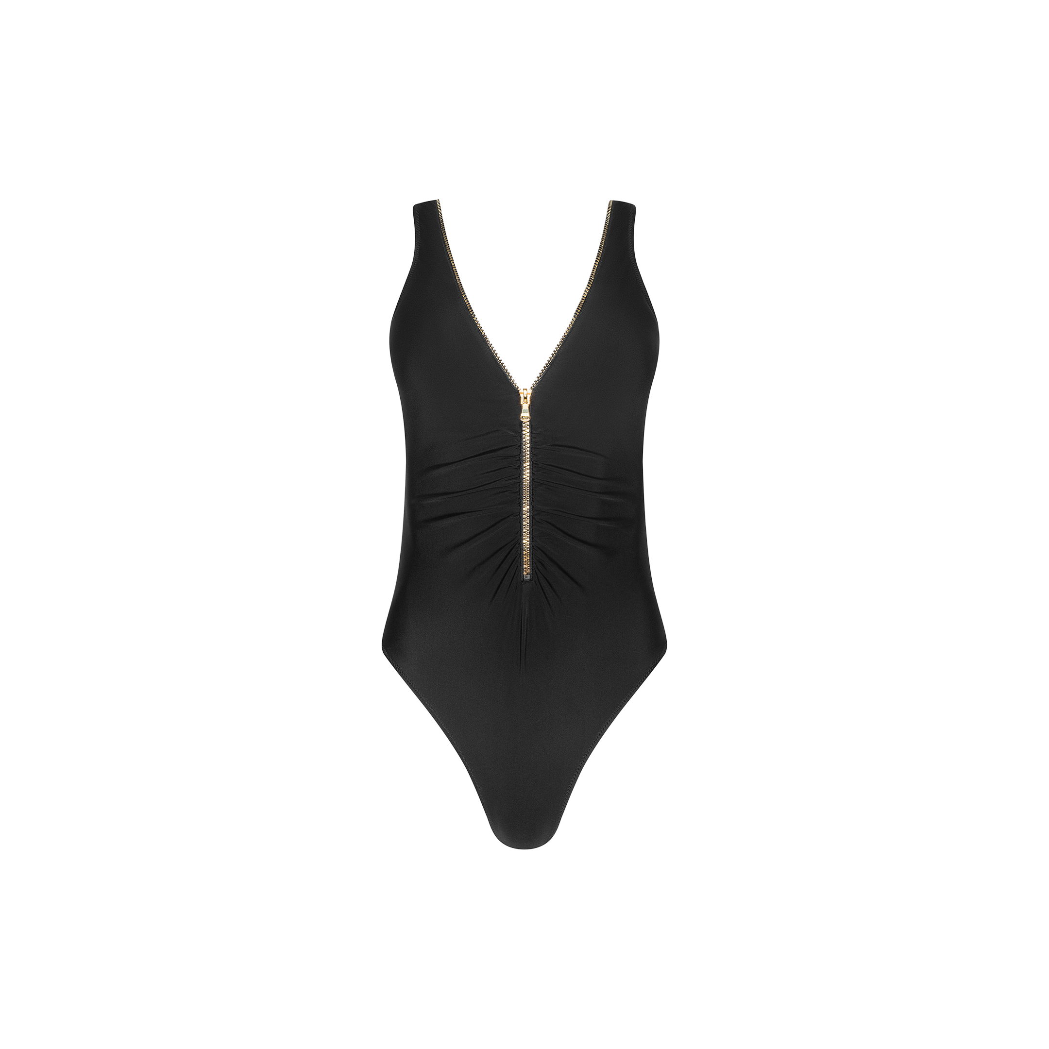 Introducing the Dorrie Plunge One-Piece Swimsuit, this black swimsuit features a dramatic deep V-neckline, gathered fabric at the waist, and a striking gold zipper running vertically down the front for added flair. The front zip design is showcased against a simple white background.
