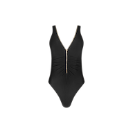 Introducing the Dorrie Plunge One-Piece Swimsuit, this black swimsuit features a dramatic deep V-neckline, gathered fabric at the waist, and a striking gold zipper running vertically down the front for added flair. The front zip design is showcased against a simple white background.