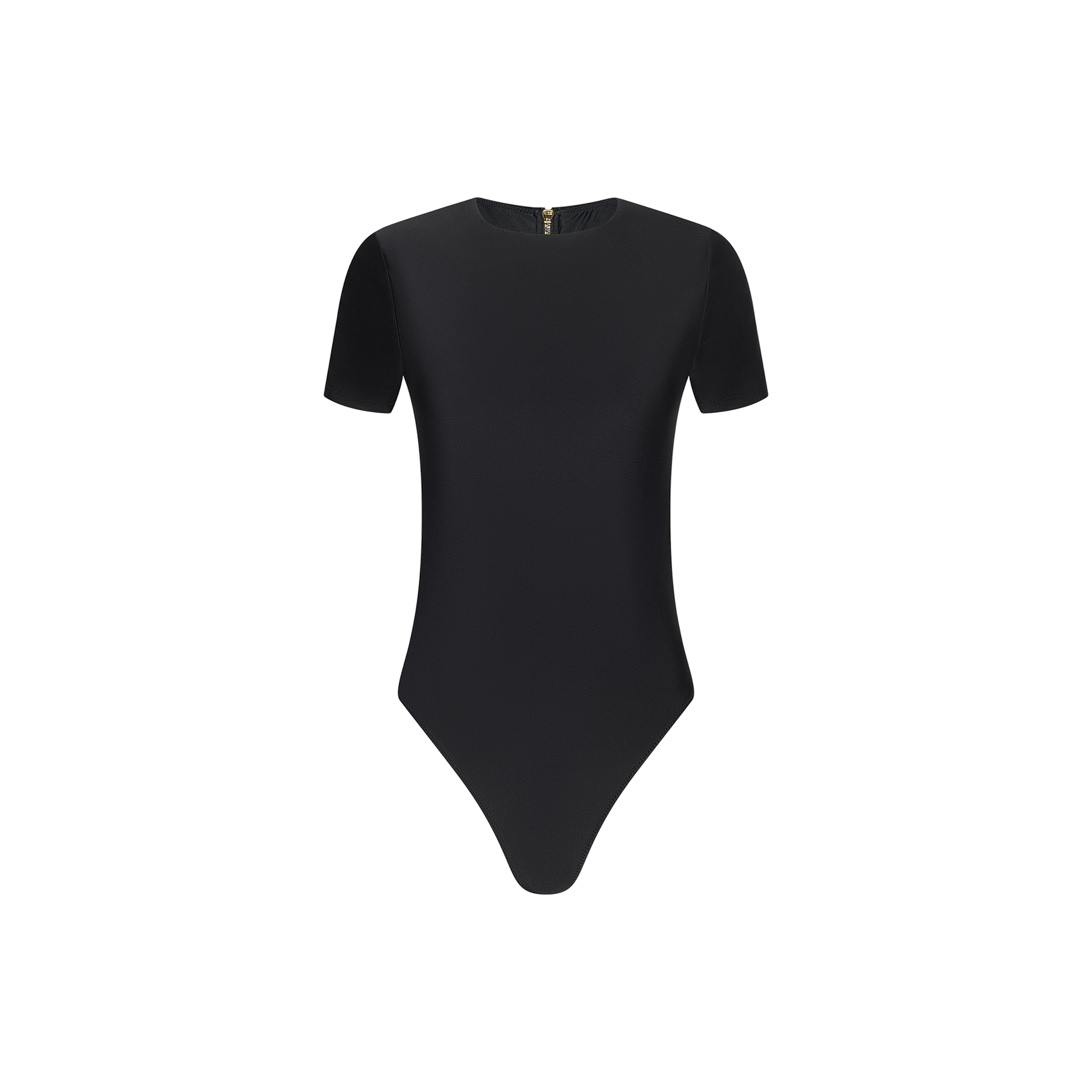 Akola One-Piece Swimsuit in black features short sleeves, a crew neckline, and a fitted silhouette with a modern high-leg cut, shown against a plain white background.