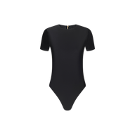 Akola One-Piece Swimsuit in black features short sleeves, a crew neckline, and a fitted silhouette with a modern high-leg cut, shown against a plain white background.
