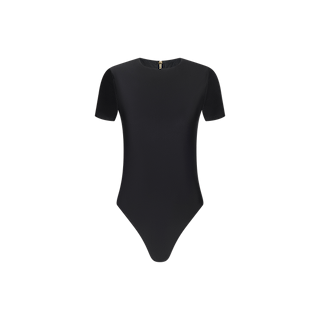 Akola One-Piece Swimsuit in black features short sleeves, a crew neckline, and a fitted silhouette with a modern high-leg cut, shown against a plain white background.