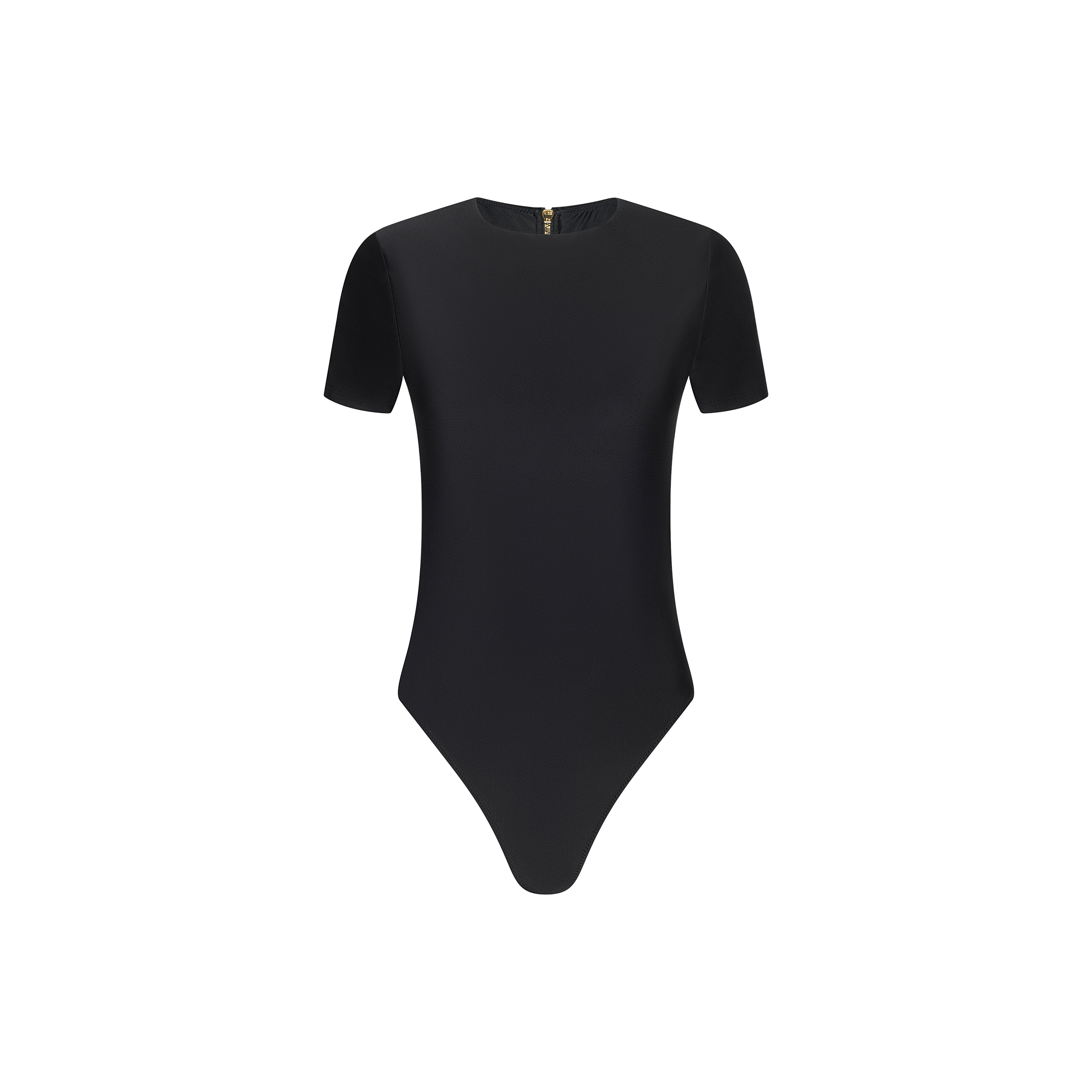Akola One-Piece Swimsuit in black features short sleeves, a crew neckline, and a fitted silhouette with a modern high-leg cut, shown against a plain white background.