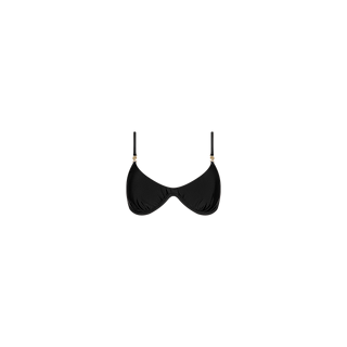 The Tenali Bikini Top is a sleek black underwire bikini top featuring thin adjustable straps and gold accents, displayed on a plain white background.