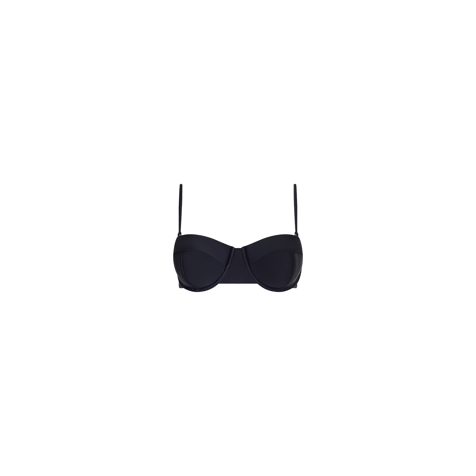 The Alexandria Bikini Top is a black, strapless balconette bikini top featuring adjustable thin shoulder straps and is displayed against a plain white background.
