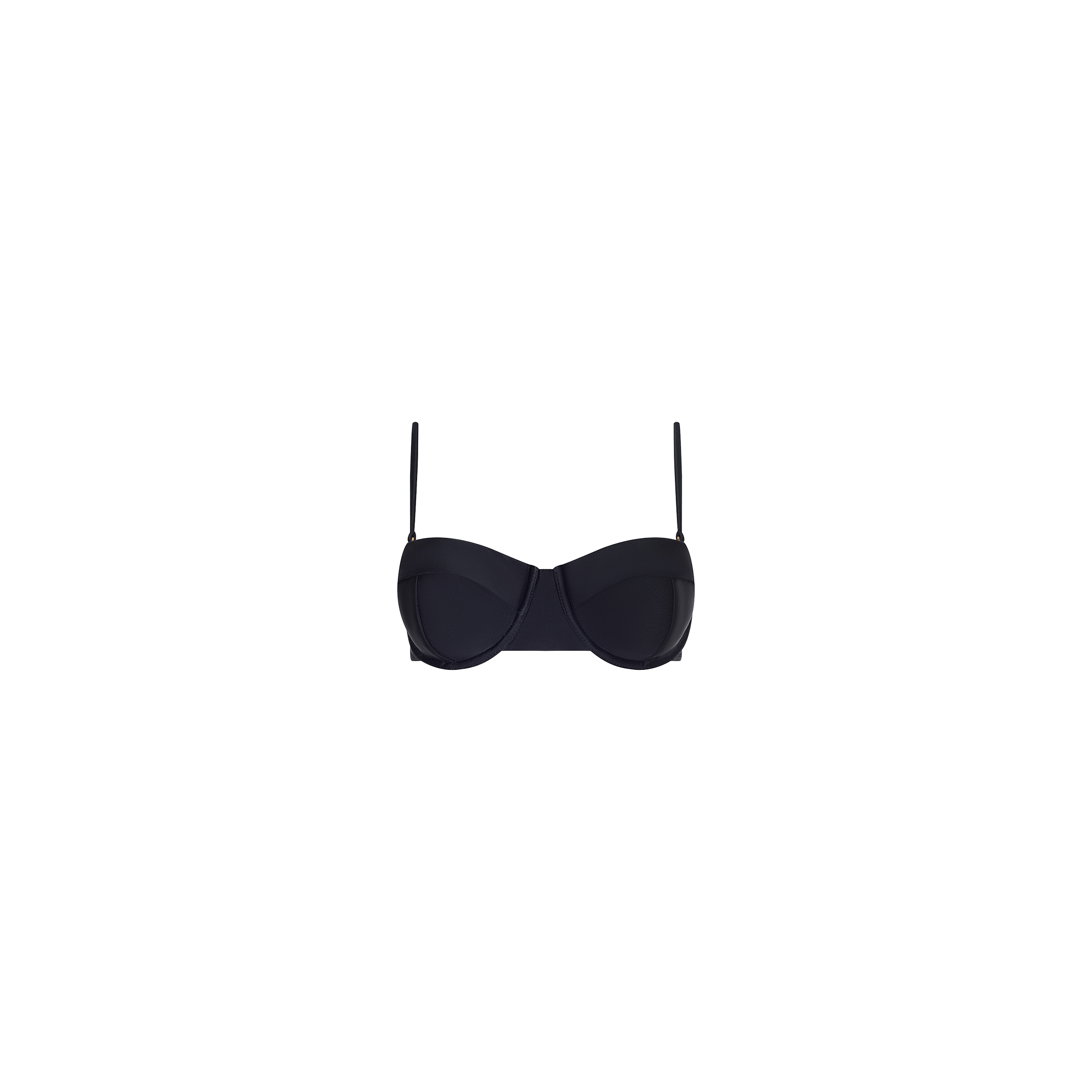 The Alexandria Bikini Top, a black strapless balconette style featuring thin adjustable shoulder straps, is displayed on a plain white background.