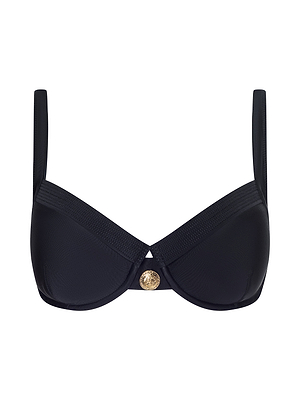The Adrienne Bikini Top is a black balconette style featuring molded cups, wide straps, trapunto stitching, and a gold decorative button at the center front.