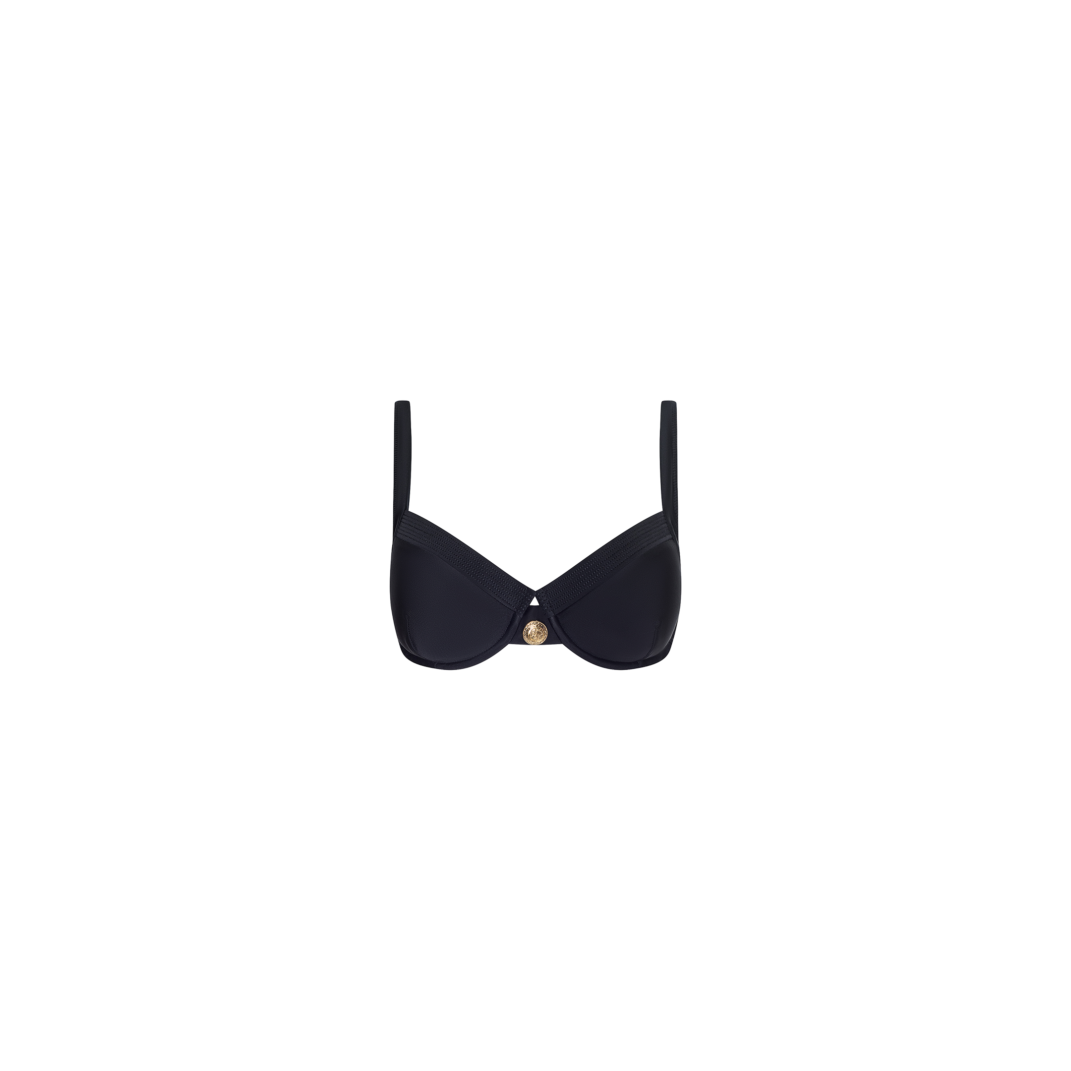 The Adrienne Bikini Top is a black balconette bikini top with underwire support and a gold circular accent at the center, shown against a plain white background.