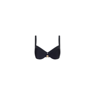 The Adrienne Bikini Top is a black balconette bikini top with underwire support and a gold circular accent at the center, shown against a plain white background.