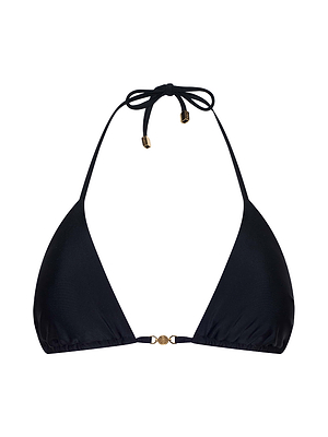 The Kristin Triangle Bikini Top in black, made from four-way stretch nylon, features thin adjustable halter ties, a front center clasp, and gold-tone metal accents at the strap ends.