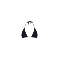 The Kristin Triangle Bikini Top features a black design with adjustable halter neck ties, a small gold clasp at the front, and is crafted from four-way stretch nylon. Shown against a plain white background.
