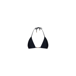 The Kristin Triangle Bikini Top is a black bikini top featuring adjustable halter neck ties and a small gold hardware accent at the center, displayed against a plain white background.