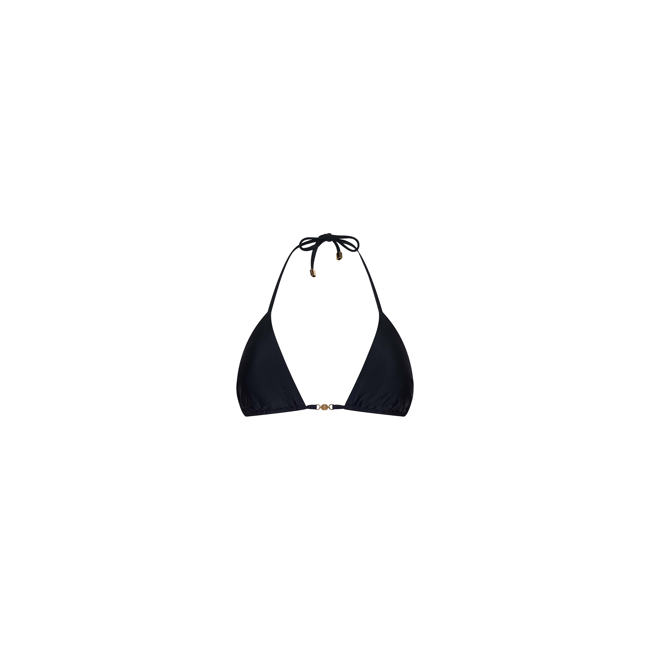 The Kristin Triangle Bikini Top features a black design with adjustable halter neck ties, a small gold clasp at the front, and is crafted from four-way stretch nylon. Shown against a plain white background.