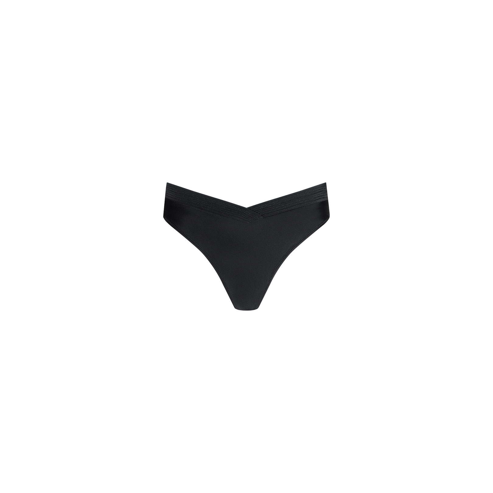 Ashleigh Bikini Bottom in black, featuring trapunto stitching and a V-shaped waistband, displayed on a plain white background.