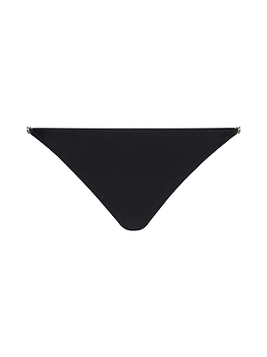 The Violet String Bikini Bottom is a plain black, low-rise swim separate with a seamless design and small gold coin accents on each side, shown against a white background.