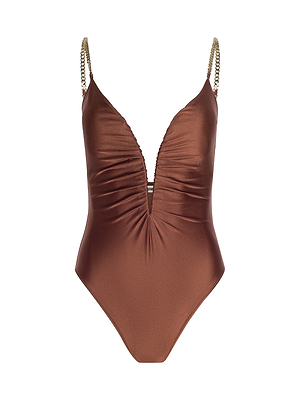 The Lilou One-Piece Swimsuit features a bronze shimmer, deep V-wire plunge neckline, ruched front, and gold chain shoulder straps, displayed on a white background.