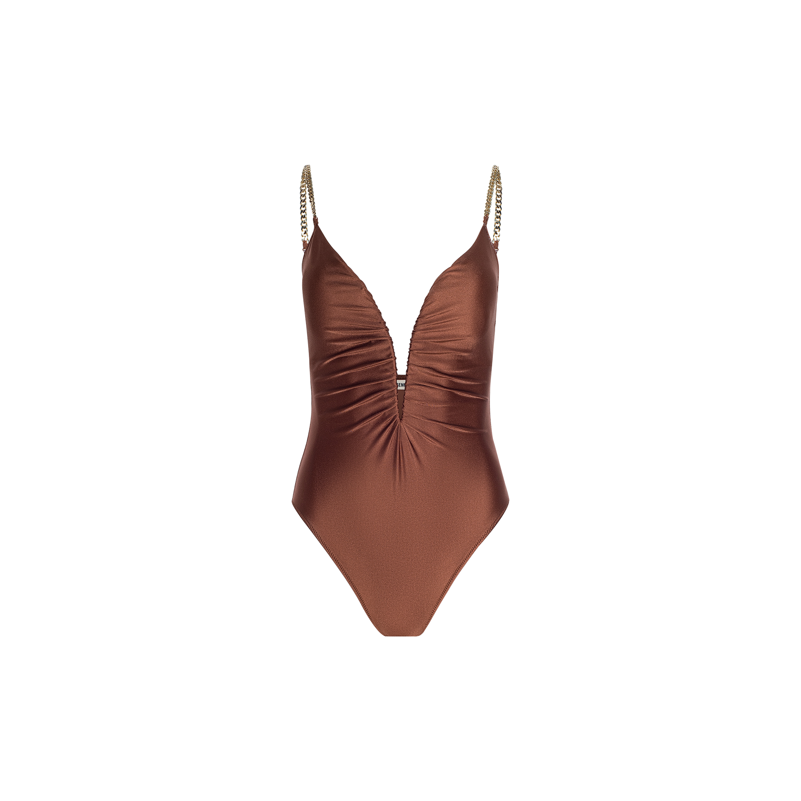 The Lilou One-Piece Swimsuit in brown showcases a deep v-wire plunge neckline, ruched front detailing, a high-leg cut, and gold chain shoulder straps, displayed on a plain white background.