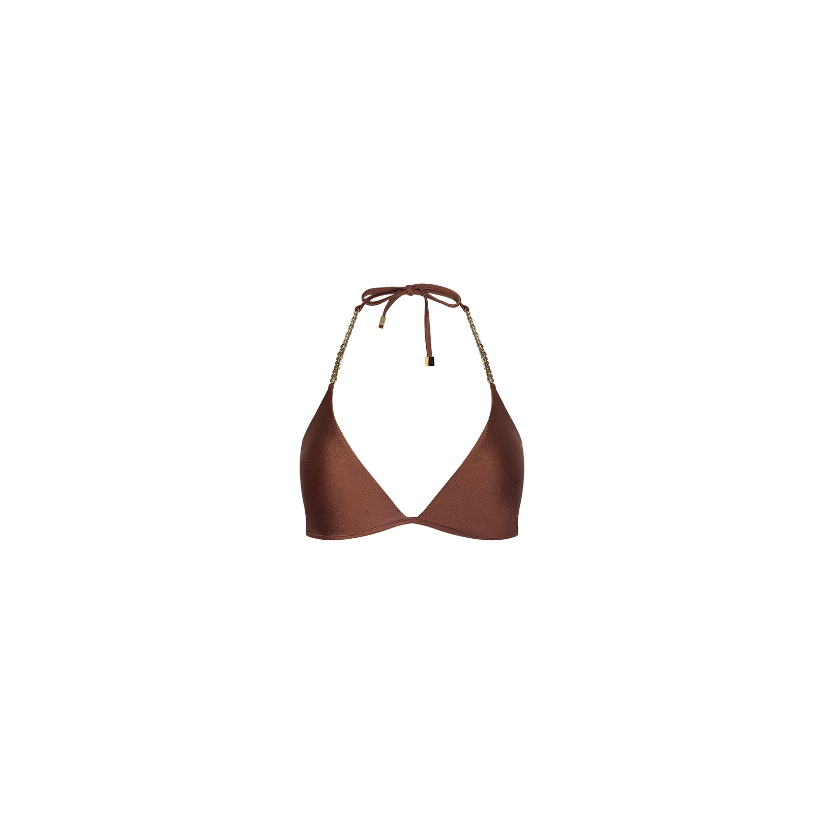 Annabelle Triangle Bikini Top featuring a bronze hue, gold chain straps, and a halter tie, crafted from four-way stretch nylon for an adjustable swimwear fit, shown against a plain white background.