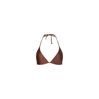 Annabelle Triangle Bikini Top featuring a bronze hue, gold chain straps, and a halter tie, crafted from four-way stretch nylon for an adjustable swimwear fit, shown against a plain white background.