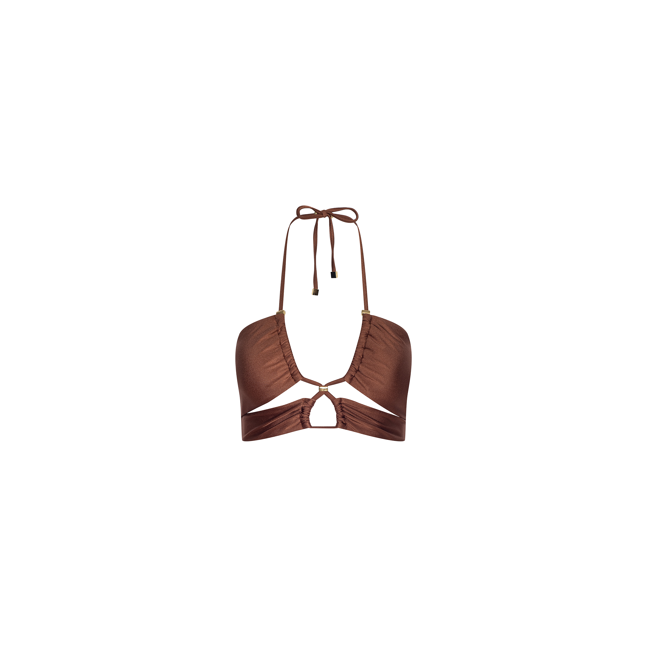 Sirena Halter Bikini Top in bronze shimmer with gold-tone ring details and a neck tie closure.