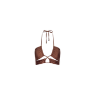 Sirena Halter Bikini Top in bronze shimmer with gold-tone ring details and a neck tie closure.