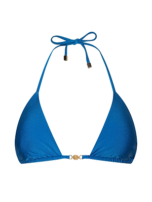 The Kristin Triangle Bikini Top in capri blue features adjustable halter neck and back ties, plus a small gold accent at the center front.