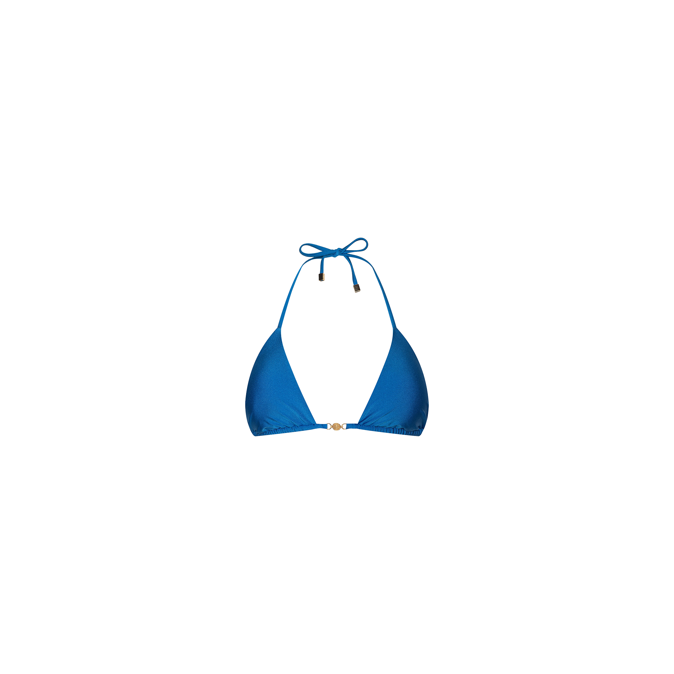 Kristin Triangle Bikini Top in Capri blue featuring a halter neck and adjustable ties, displayed against a plain white background.