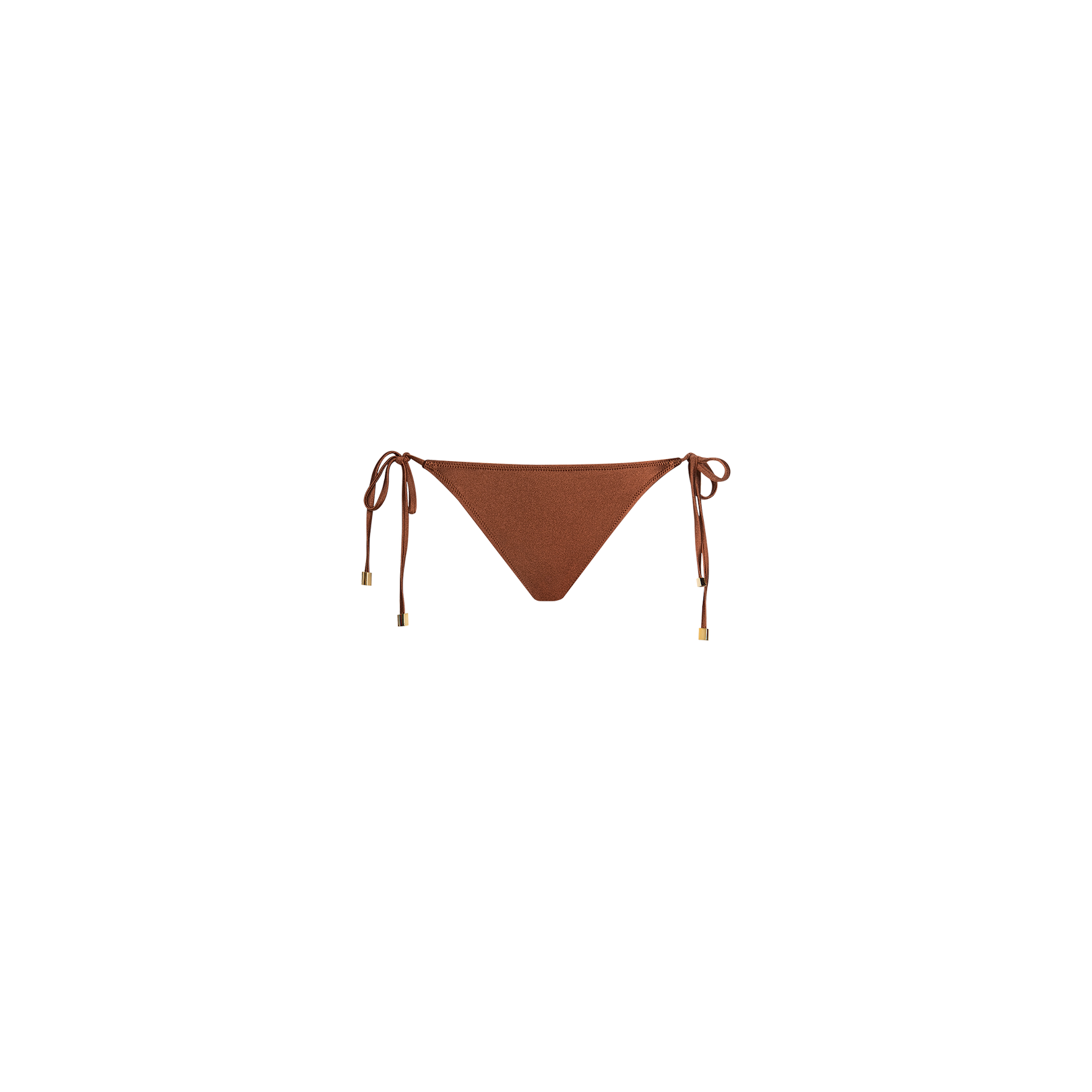 The Britt Tie-Side Bikini Bottom in bronze offers moderate coverage and features adjustable tie sides with gold accent tips, shown against a plain white background.