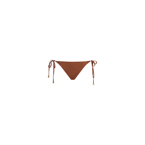 The Britt Tie-Side Bikini Bottom features a bronze hue, adjustable side ties with gold metal tips, and provides moderate coverage, shown against a plain white background.