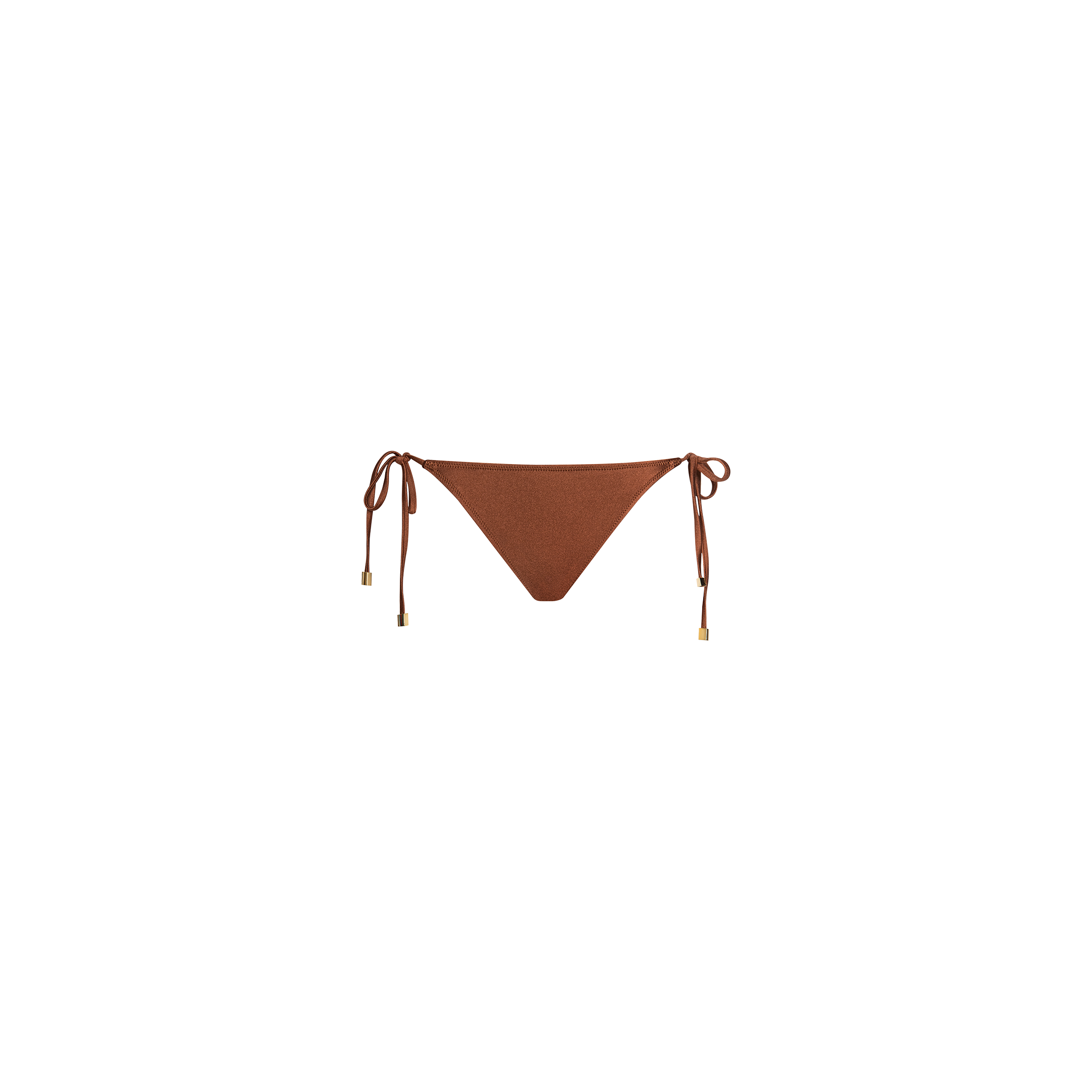 The Britt Tie-Side Bikini Bottom features a bronze hue, adjustable side ties with gold metal tips, and provides moderate coverage, shown against a plain white background.